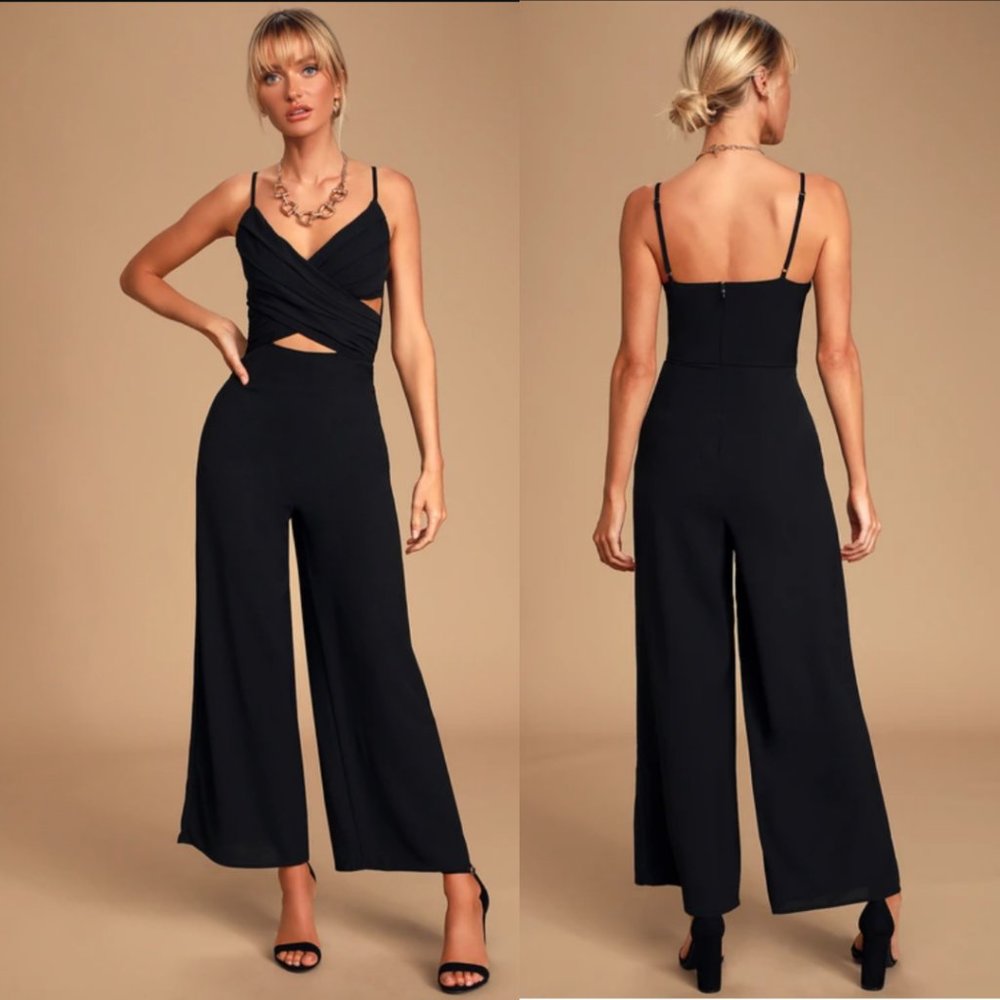 NWT Lulu's Ladylike Black Surplice Cutout Jumpsuit